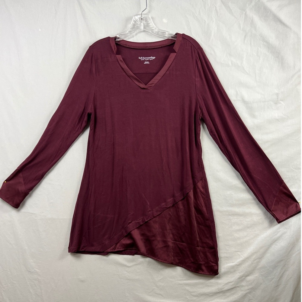 Soft Surroundings Tunic Top Women Medium Burgundy Asymmetrical Satin Trim Casual